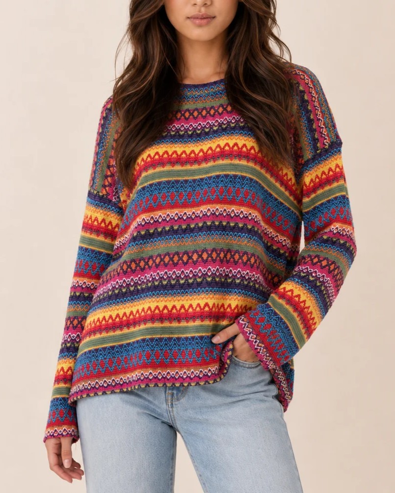 Vibrant Multi‑Hue Geometric Loose Crew Neck Sweater