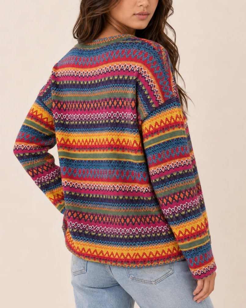 Vibrant Multi‑Hue Geometric Loose Crew Neck Sweater