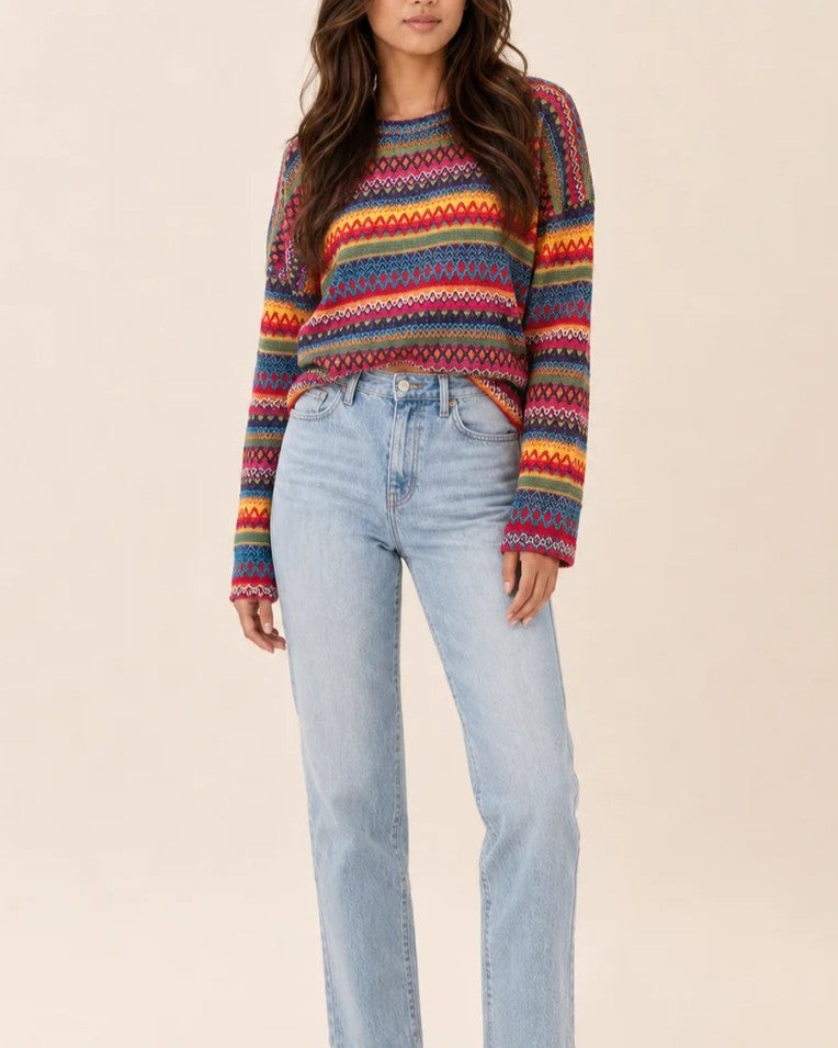 Vibrant Multi‑Hue Geometric Loose Crew Neck Sweater