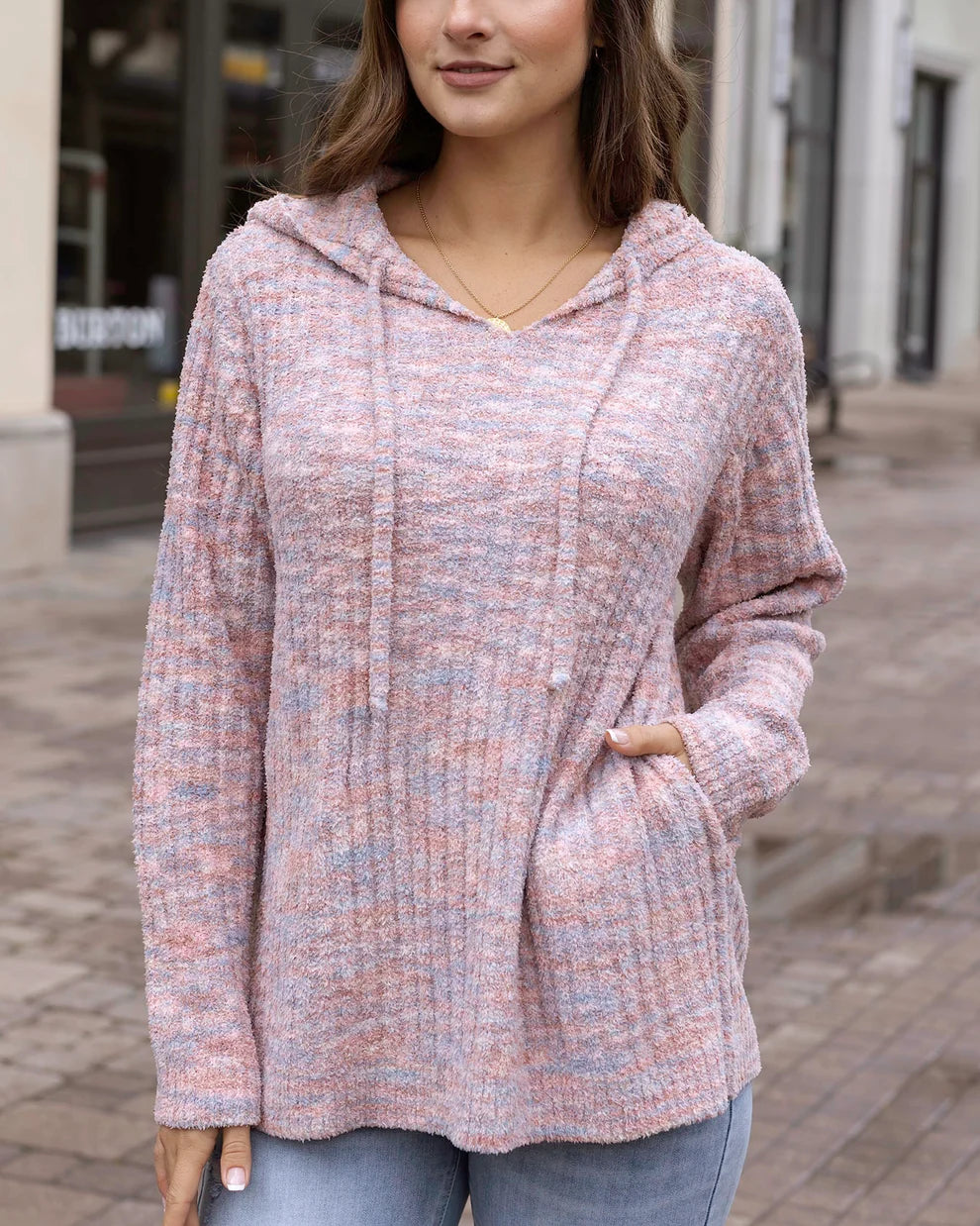 Blush Melange Ribbed Knit Casual Hoodie