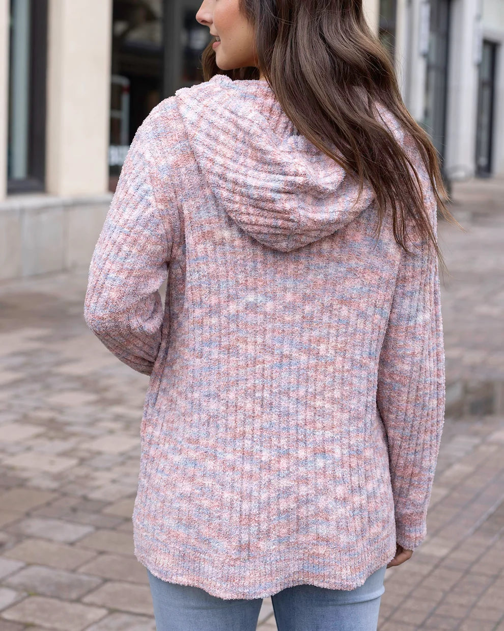 Blush Melange Ribbed Knit Casual Hoodie