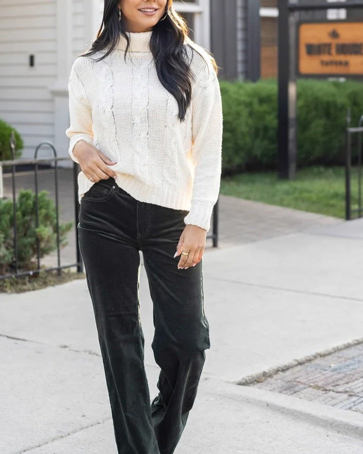 Ivory Chunky Cable Knit Turtleneck Pullover