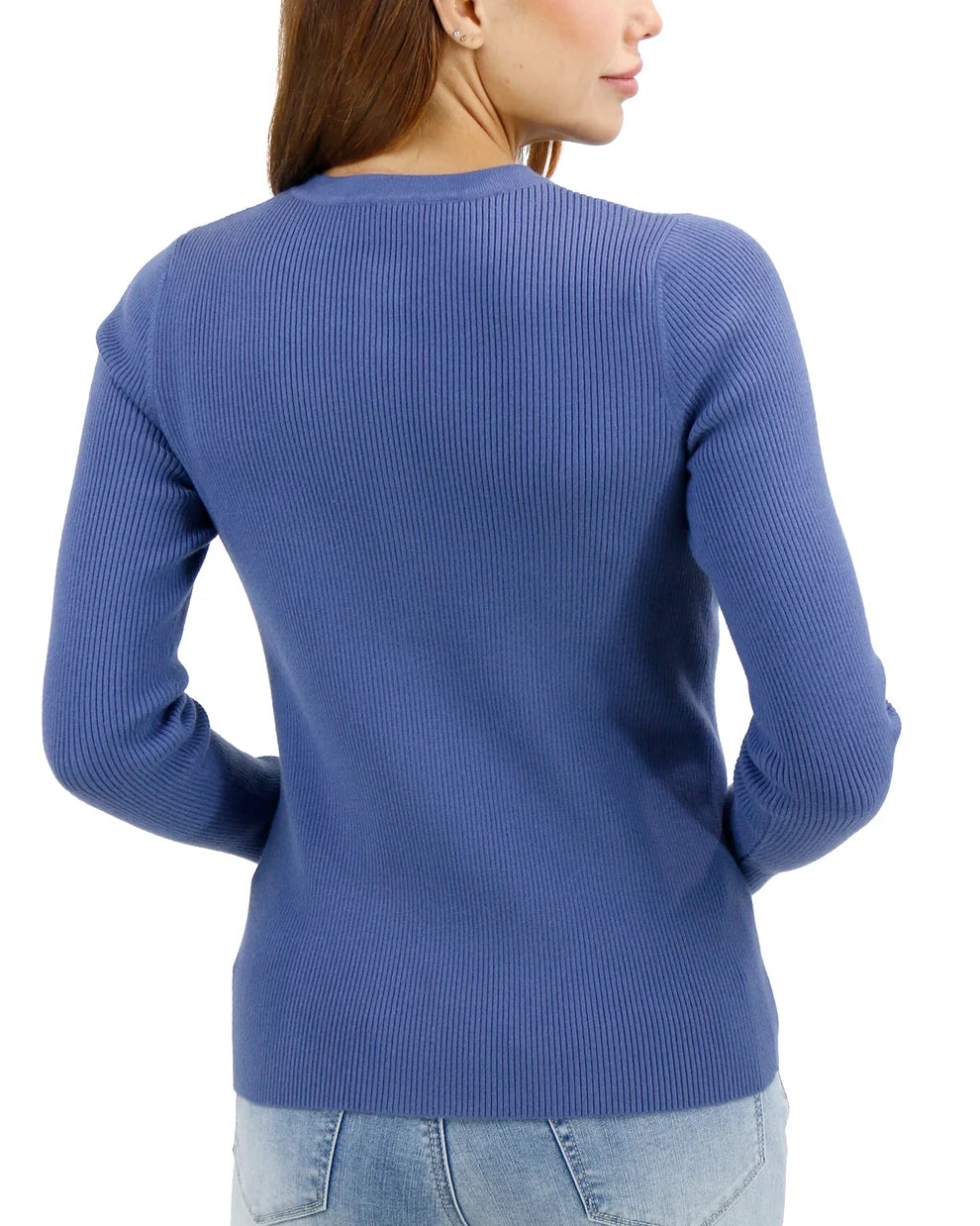 English Blue Ribbed Henley Button‑Detail Sweater