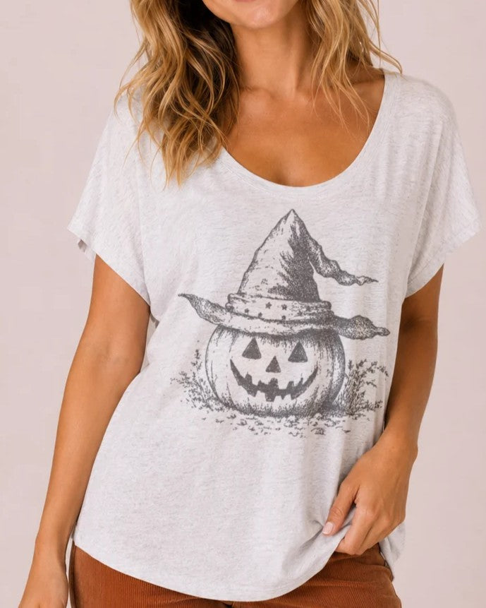 Vintage Witch Hat Pumpkin Graphic Scoop Neck Tee